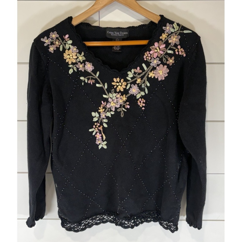 Celina Yang Designs Sweater Women's Large Black Floral Embroidered Knit Pullover